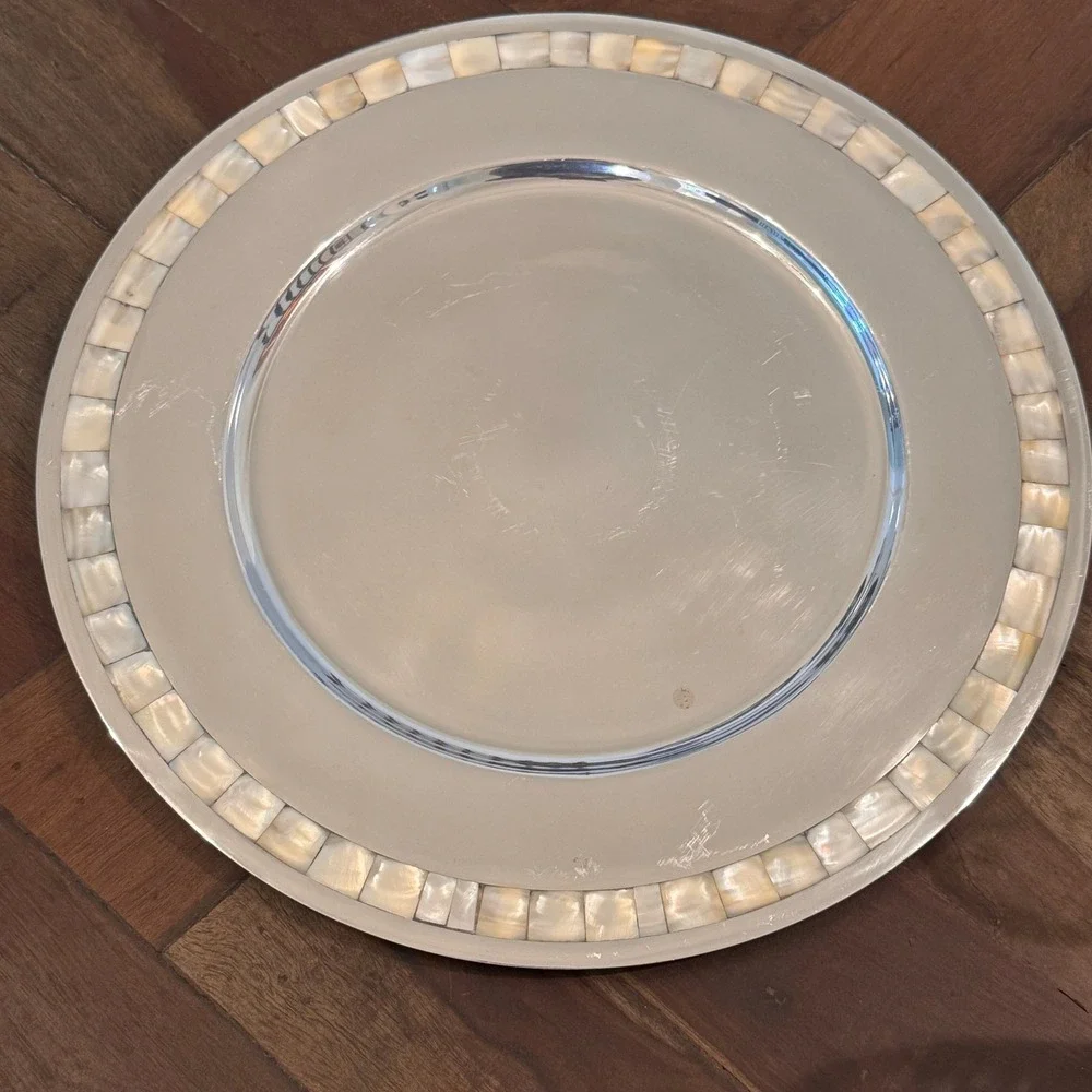 Pottery Barn Silver Tone Metal Charger Plate with Mosaic Shell Inlay Rim 13